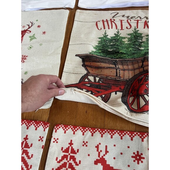 Set 6 Christmas Throw Pillow Covers Farmhouse Red Truck Reindeer Zippered Xmas - Picture 4 of 6
